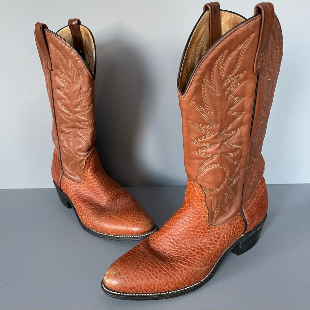 UFCW Western Cowboy Leather Boot Mid Calf 9.5 Vintage USA Brown 52114H3 Textured